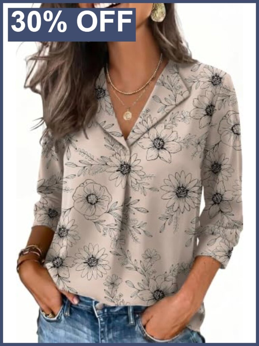 Womens 3/4 Sleeve Blouse V-Neck Business Casual Top